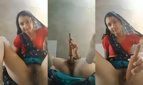 Rajasthaan Marwadi Bhabhi Masturbating with Wooden Roller with Pussy Wide Spread